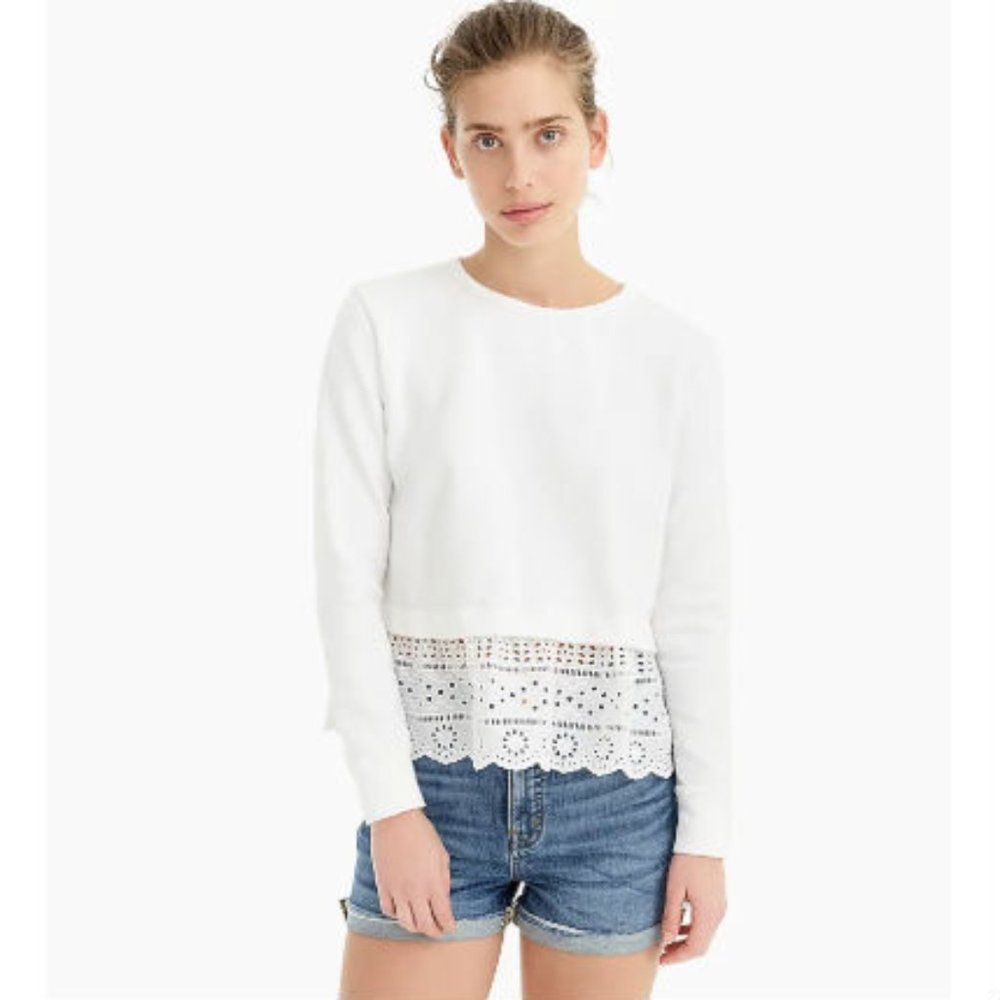 New J Crew Women's Eyelet Hem Sweatshirt White